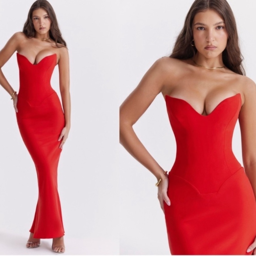 HOUSE OF CB 'Tamara' Cherry red Strapless Corset Dress maxi NWOT size L